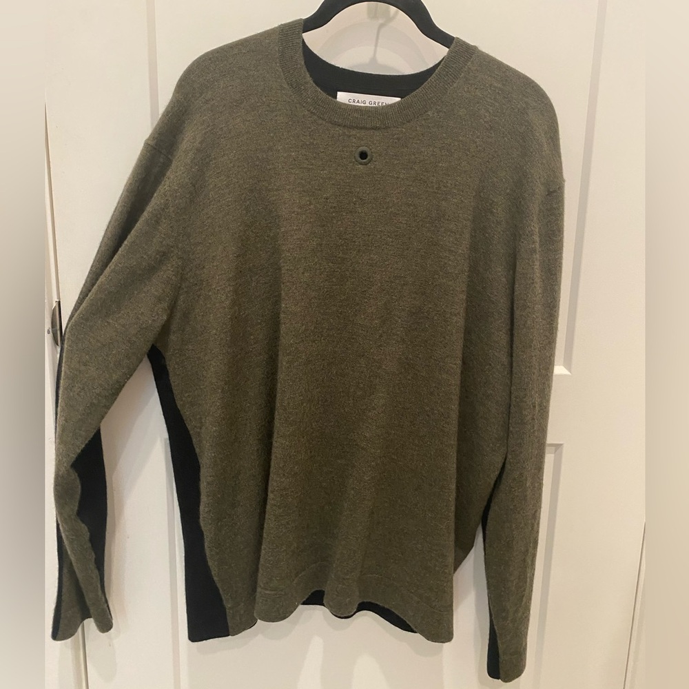 Craig Green Men’s XL cashmere sweater, olive green front, black back, worn once